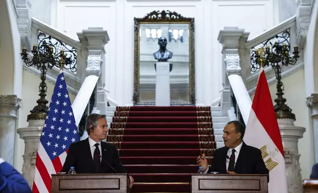 U.S. Secretary of State Antony Blinken, left, and Egypt's Foreign Minister Badr Abdelatty attend a joint press conference in Tahrir Palace in Cairo, Egypt Wednesday, Sept. 18, 2024. (Evelyn Hockstein/Pool Photo via AP)