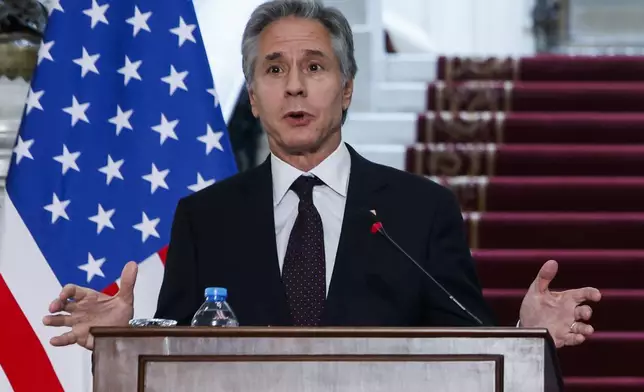 U.S. Secretary of State Antony Blinken attends a joint press conference with Egypt's Foreign Minister Badr Abdelatty in Tahrir Palace in Cairo, Egypt Wednesday, Sept. 18, 2024. (Evelyn Hockstein/Pool Photo via AP)