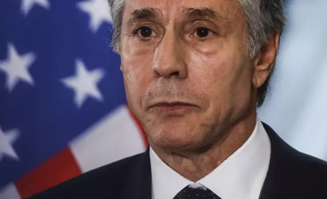 U.S. Secretary of State Antony Blinken attends a joint press conference with Egypt's Foreign Minister Badr Abdelatty in Tahrir Palace in Cairo, Egypt Wednesday, Sept. 18, 2024. (Evelyn Hockstein/Pool Photo via AP)