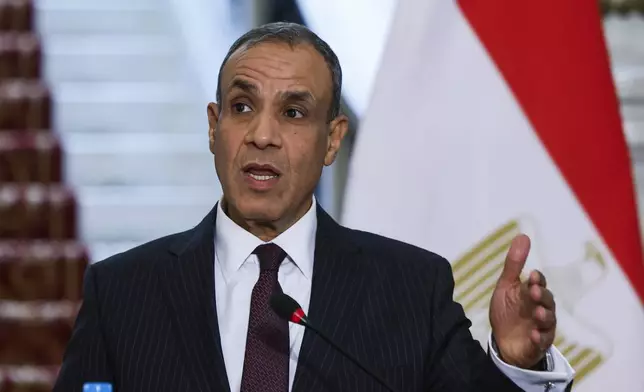 Egypt's Foreign Minister Badr Abdelatty attends a joint press conference with U.S. Secretary of State Antony Blinken, not pictured, in Tahrir Palace in Cairo, Egypt Wednesday, Sept. 18, 2024. (Evelyn Hockstein/Pool Photo via AP)