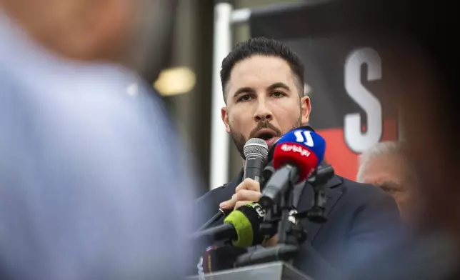 Dearborn Mayor Abdullah Hammoud speaks during a rally to show support for Lebanon as the conflict in the Middle East escalates, Wednesday, Sept. 25, 2024 in front of the Henry Ford Centennial Library in Dearborn, Mich. (Katy Kildee/Detroit News via AP)