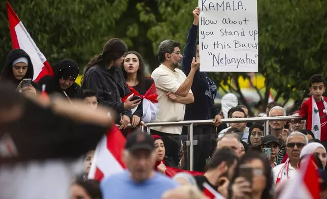 Hundreds gather for a rally in support of Lebanon in light of recent Israeli strikes that killed hundreds, on Wednesday, Sept. 25, 2024 in front of the Henry Ford Centennial Library in Dearborn, Mich. (Katy Kildee/Detroit News via AP)