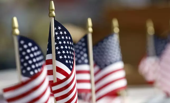 U.S. flags decorate tables during the Macon County Day Festival in Tuskegee, Ala., on Saturday, Aug 31, 2024. (AP Photo/ Butch Dill)