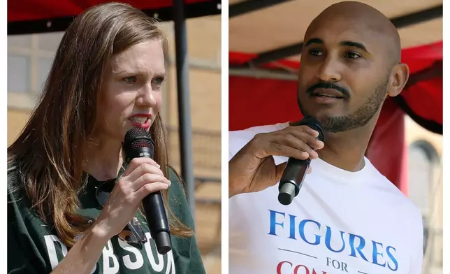 This combination of photos shows Alabama's new 2nd Congressional District Republican candidate Caroleene Dobson, left, and Democratic candidate Shomari Figures during the Macon County Day Festival in Tuskegee, Ala., on Saturday, Aug 31, 2024. (AP Photo/ Butch Dill)