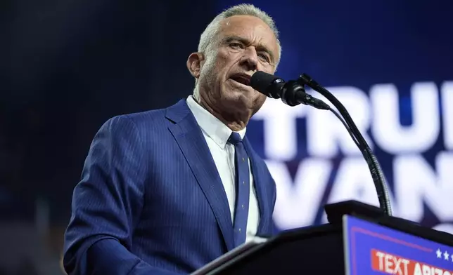 FILE - Independent presidential candidate Robert F. Kennedy Jr. speaks as he endorses Republican presidential nominee former President Donald Trump at a campaign rally at the Desert Diamond Arena, Friday, Aug. 23, 2024, in Glendale, Ariz. (AP Photo/Evan Vucci)