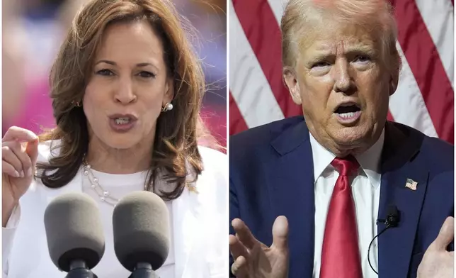 This combination of photos shows Vice President Kamala Harris, left, on Aug. 7, 2024, and Republican presidential candidate former President Donald Trump on July 31, 2024. (AP Photo/Charles Rex Arbogast)