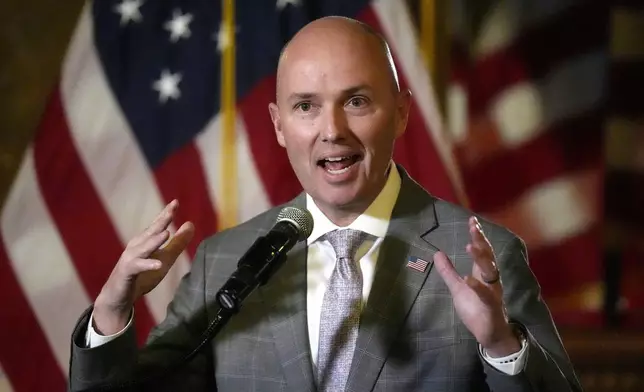 FILE - Utah Gov. Spencer Cox speaks during a news briefing during the final day of the Utah Legislature, March 1, 2024, in Salt Lake City. (AP Photo/Rick Bowmer, File)