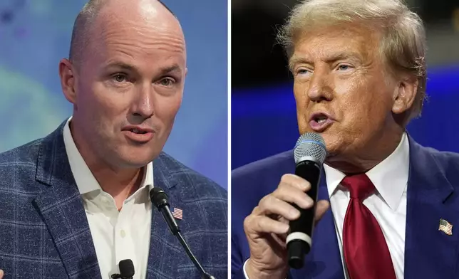 In this combination photo, Utah Gov. Spencer Cox speaks at the National Governors Association, July 11, 2024, in Salt Lake City, left, and Republican presidential nominee former President Donald Trump speaks during a town hall, Aug. 29, 2024, in La Crosse, Wis.. (AP Photo)