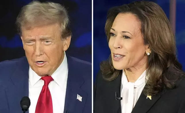 This combination of photos shows Republican presidential nominee former President Donald Trump, left, and Democratic presidential nominee Vice President Kamala Harris during an ABC News presidential debate at the National Constitution Center, Tuesday, Sept. 10, 2024, in Philadelphia. (AP Photo/Alex Brandon)