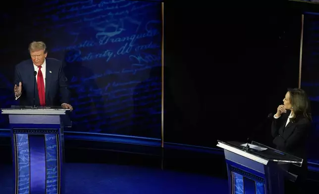 Democratic presidential nominee Vice President Kamala Harris speaks during a presidential debate with Republican presidential nominee former President Donald Trump at the National Constitution Center, Tuesday, Sept.10, 2024, in Philadelphia. (AP Photo/Alex Brandon)