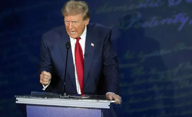 Republican presidential nominee former President Donald Trump speaks during a presidential debate with Democratic presidential nominee Vice President Kamala Harris at the National Constitution Center, Tuesday, Sept.10, 2024, in Philadelphia. (AP Photo/Alex Brandon)