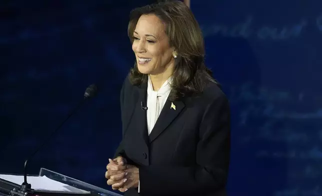 Democratic presidential nominee Vice President Kamala Harris listens during a presidential debate with Republican presidential nominee former President Donald Trump at the National Constitution Center, Tuesday, Sept.10, 2024, in Philadelphia. (AP Photo/Alex Brandon)