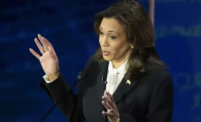 Democratic presidential nominee Vice President Kamala Harris speaks during a presidential debate with Republican presidential nominee former President Donald Trump at the National Constitution Center, Tuesday, Sept.10, 2024, in Philadelphia. (AP Photo/Alex Brandon)