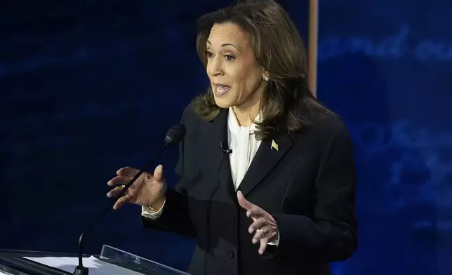 Democratic presidential nominee Vice President Kamala Harris speaks during a presidential debate with Republican presidential nominee former President Donald Trump at the National Constitution Center, Tuesday, Sept.10, 2024, in Philadelphia. (AP Photo/Alex Brandon)