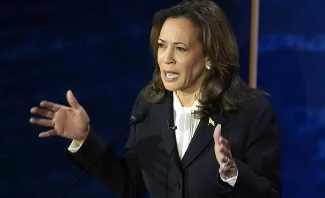 Democratic presidential nominee Vice President Kamala Harris speaks during a presidential debate with Republican presidential nominee former President Donald Trump at the National Constitution Center, Tuesday, Sept.10, 2024, in Philadelphia. (AP Photo/Alex Brandon)