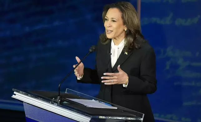 Democratic presidential nominee Vice President Kamala Harris speaks during a debate with Republican presidential nominee former President Donald Trump at the National Constitution Center, Tuesday, Sept.10, 2024, in Philadelphia. (AP Photo/Alex Brandon)