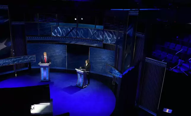 Republican presidential nominee former President Donald Trump and Democratic presidential nominee Vice President Kamala Harris participate during an ABC News presidential debate at the National Constitution Center, Tuesday, Sept.10, 2024, in Philadelphia. (AP Photo/Alex Brandon)