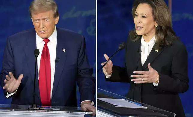 This combination of photos shows Republican presidential nominee former President Donald Trump, left, and Democratic presidential nominee Vice President Kamala Harris during an ABC News presidential debate at the National Constitution Center, Tuesday, Sept. 10, 2024, in Philadelphia. (AP Photo/Alex Brandon)