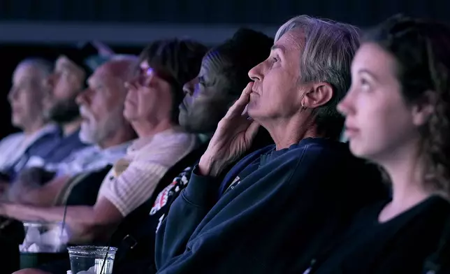 People watch the presidential debate between Republican presidential nominee former President Donald Trump and Democratic presidential nominee Vice President Kamala Harris at a 97-year-old movie theater Tuesday, Sept. 10, 2024, in Shawnee, Kan. (AP Photo/Charlie Riedel)