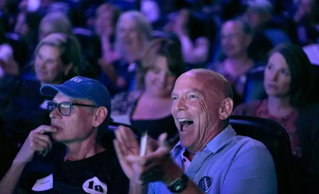 Chris Covert, front right, from Leawood, Kan., watches the presidential debate between Republican presidential nominee former President Donald Trump and Democratic presidential nominee Vice President Kamala Harris at a 97-year-old movie theater Tuesday, Sept. 10, 2024, in Shawnee, Kan. (AP Photo/Charlie Riedel)