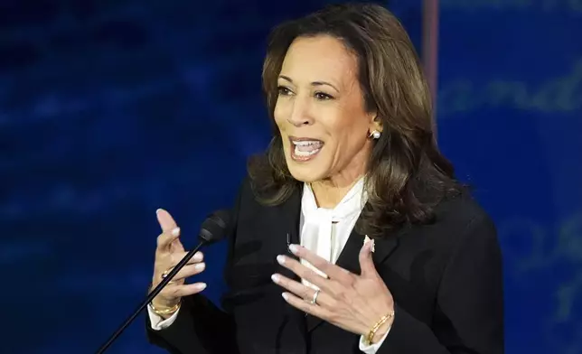 Democratic presidential nominee Vice President Kamala Harris speaks during a presidential debate with Republican presidential nominee former President Donald Trump at the National Constitution Center in Philadelphia, Tuesday, Sept. 10, 2024. (AP Photo/Alex Brandon)