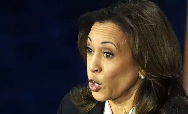 Democratic presidential nominee Vice President Kamala Harris speaks during a presidential debate with Republican presidential nominee former President Donald Trump at the National Constitution Center in Philadelphia, Tuesday, Sept. 10, 2024. (AP Photo/Alex Brandon)