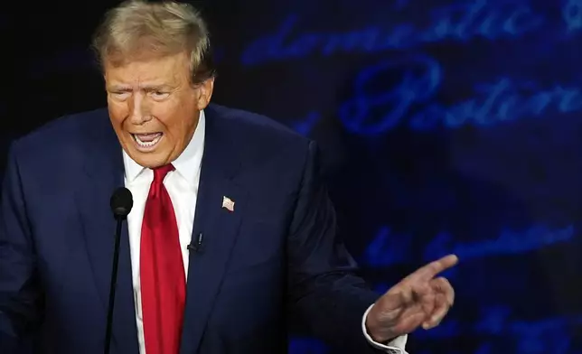 Republican presidential nominee former President Donald Trump speaks during a presidential debate with Democratic presidential nominee Vice President Kamala Harris at the National Constitution Center in Philadelphia, Tuesday, Sept. 10, 2024. (AP Photo/Alex Brandon)