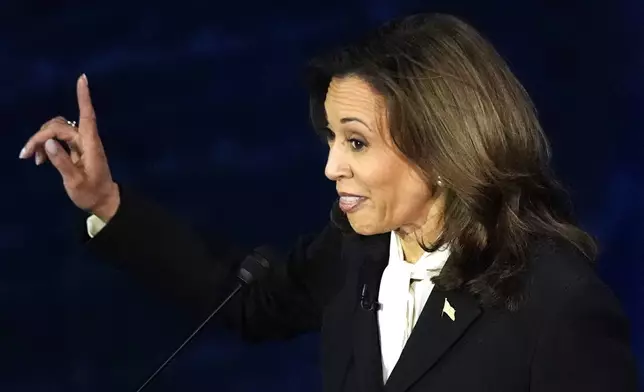 Democratic presidential nominee Vice President Kamala Harris speaks during a presidential debate with Republican presidential nominee former President Donald Trump at the National Constitution Center in Philadelphia, Tuesday, Sept. 10, 2024. (AP Photo/Alex Brandon)