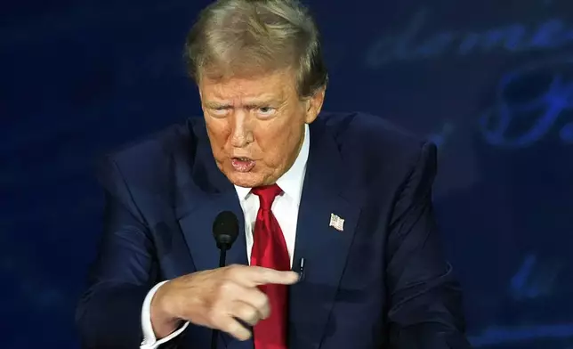 Republican presidential nominee former President Donald Trump speaks during a presidential debate with Democratic presidential nominee Vice President Kamala Harris at the National Constitution Center in Philadelphia, Tuesday, Sept. 10, 2024. (AP Photo/Alex Brandon)