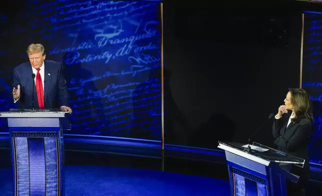 Republican presidential nominee former President Donald Trump and Democratic presidential nominee Vice President Kamala Harris participate during an ABC News presidential debate at the National Constitution Center in Philadelphia, Tuesday, Sept. 10, 2024. (AP Photo/Alex Brandon)