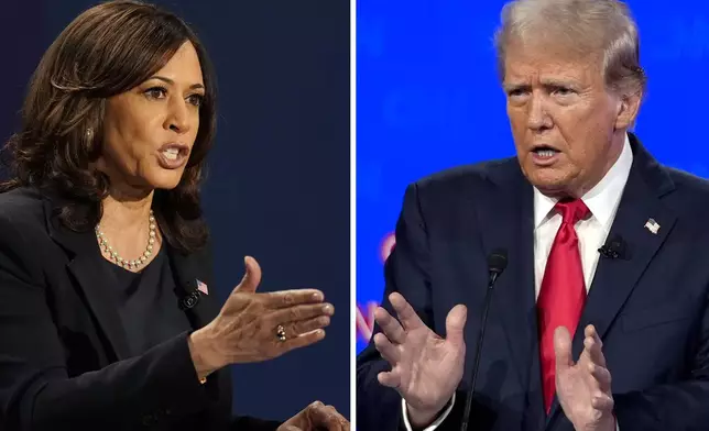 In this combination photo, Democratic vice presidential candidate Sen. Kamala Harris, D-Calif., speaks during a debate, Oct. 7, 2020, in Salt Lake City, left, and Republican presidential candidate former President Donald Trump speaks during a debate, June 27, 2024, in Atlanta. (AP Photo)