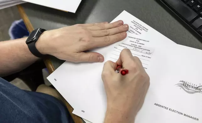 Trey Forrest, Absentee Election Coordinator for the Jefferson County/Birmingham (Ala) Division, prepares absentee ballots for the November election, Tuesday, Sept. 10, 2024, in Birmingham, Ala. (AP Photo/Vasha Hunt)