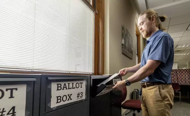 Trey Forrest, Absentee Election Coordinator for the Jefferson County/Birmingham (Ala) Division, demonstrates in-person absentee ballot voting for the November election, Tuesday, Sept. 10, 2024, in Birmingham, Ala. (AP Photo/Vasha Hunt)