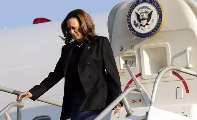 Democratic presidential nominee Vice President Kamala Harris arrives on Air Force Two at Atlantic Aviation Philadelphia, Monday, Sept. 9, 2024, near Philadelphia International Airport, ahead of the presidential debate with Republican presidential nominee former President Donald Trump. (AP Photo/Jacquelyn Martin)