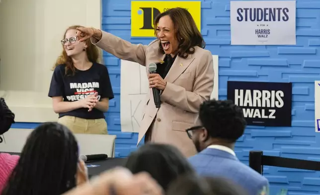 Democratic presidential nominee, Vice President Kamala Harris, reacting during an unscheduled stop to make remarks at Community College of Philadelphia, Tuesday, Sept. 17, 2024, in Philadelphia. (AP Photo/Jacquelyn Martin)