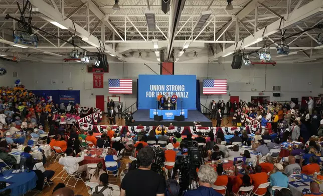 Democratic presidential nominee Vice President Kamala Harris speaks at a campaign event at Northwestern High School in Detroit, Monday, Sept. 2, 2024. (AP Photo/Paul Sancya)