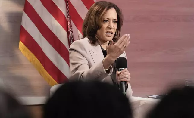 Democratic presidential nominee Vice President Kamala Harris is interviewed by members of the National Association of Black Journalists at the WHYY studio in Philadelphia, Tuesday, Sept. 17, 2024. (AP Photo/Jacquelyn Martin)