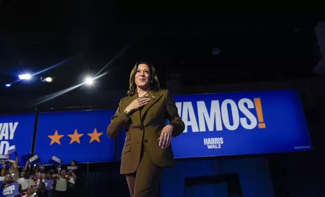 Democratic presidential nominee Vice President Kamala Harris arrives to speak at a rally on Sunday, Sept. 29, 2024, in Las Vegas. (AP Photo/Carolyn Kaster)