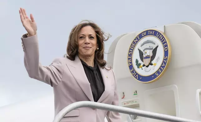 Democratic presidential nominee Vice President Kamala Harris waving before boarding Air Force Two, Monday, Sept. 9, 2024, near Philadelphia International Airport, in Philadelphia, Tuesday, Sept. 17, 2024. (AP Photo/Jacquelyn Martin)