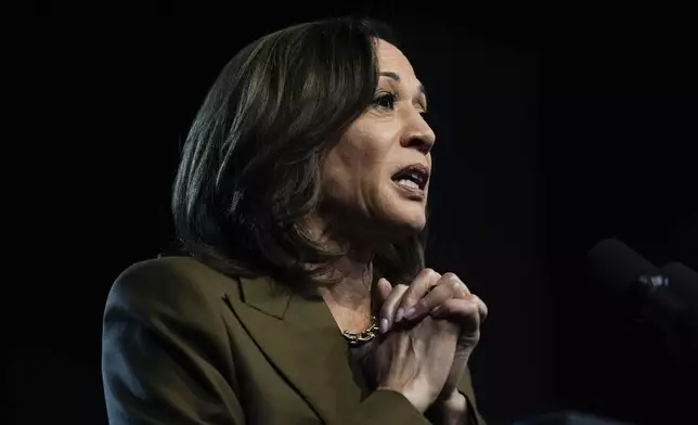 Democratic presidential nominee Vice President Kamala Harris speaks about Hurricane Helene at a rally on Sunday, Sept. 29, 2024, in Las Vegas. (AP Photo/Carolyn Kaster)