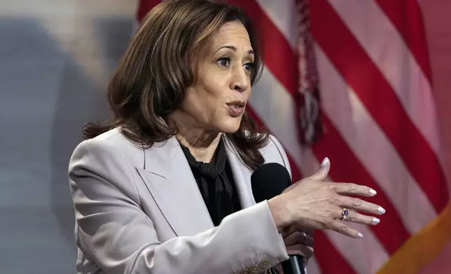 Democratic presidential nominee Vice President Kamala Harris Vice is interviewed by National Association of Black Journalists members Tonya Mosley, and Gerren Keith Gaynor, with moderator Eugene Daniels, at the WHYY studio in Philadelphia, Tuesday, Sept. 17, 2024. (AP Photo/Matt Rourke)