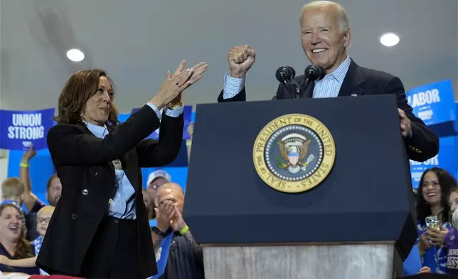 President Joe Biden and Democratic presidential nominee Vice President Kamala Harris campaign at the IBEW Local Union #5 union hall in Pittsburgh on Labor Day, Monday, Sept. 2, 2024. (AP Photo/Susan Walsh)