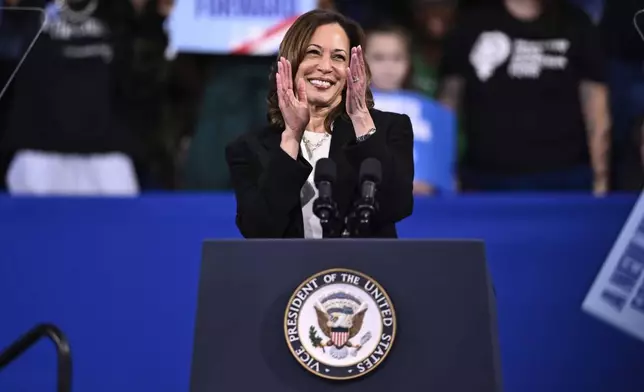 Democratic presidential nominee Vice President Kamala Harris speaks during a campaign event, Thursday, Sept. 12, 2024, in Greensboro, N.C. (AP Photo/Matt Kelley)