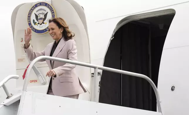 Democratic presidential nominee Vice President Kamala Harris arrives at Atlantic Aviation Philadelphia, Monday, Sept. 9, 2024, near Philadelphia International Airport, in Philadelphia, Tuesday, Sept. 17, 2024. (AP Photo/Jacquelyn Martin)