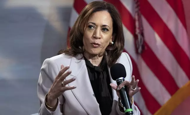 Democratic presidential nominee Vice President Kamala Harris Vice is interviewed by National Association of Black Journalists members Tonya Mosley, and Gerren Keith Gaynor, with moderator Eugene Daniels, at the WHYY studio in Philadelphia, Tuesday, Sept. 17, 2024. (AP Photo/Matt Rourke)