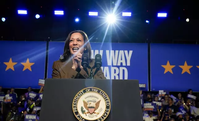 Democratic presidential nominee Vice President Kamala Harris speaks at a rally on Sunday, Sept. 29, 2024, in Las Vegas. (AP Photo/Carolyn Kaster)