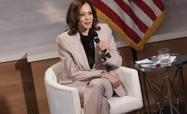 Democratic presidential nominee Vice President Kamala Harris is interviewed by members of the National Association of Black Journalists at the WHYY studio in Philadelphia, Tuesday, Sept. 17, 2024. (AP Photo/Jacquelyn Martin)