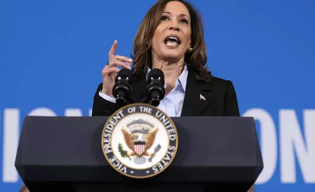 Democratic presidential nominee Vice President Kamala Harris speaks at a campaign event at Northwestern High School in Detroit, Monday, Sept. 2, 2024. (AP Photo/Jacquelyn Martin)