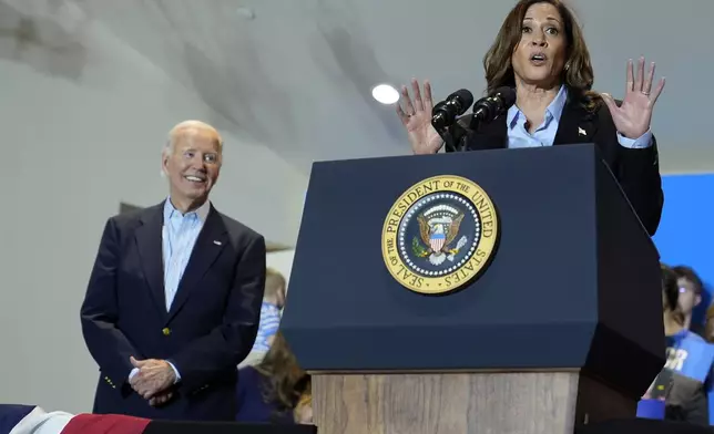 President Joe Biden and Democratic presidential nominee Vice President Kamala Harris campaign at the IBEW Local Union #5 union hall in Pittsburgh on Labor Day, Monday, Sept. 2, 2024. (AP Photo/Susan Walsh)