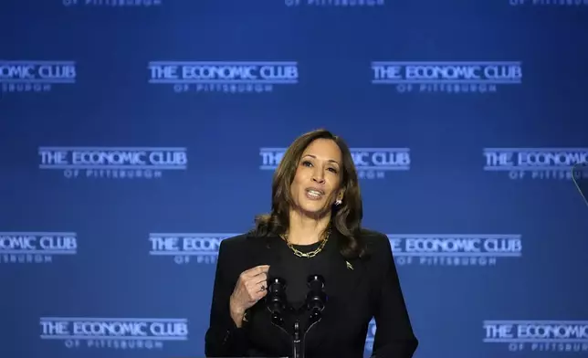 Democratic presidential nominee Vice President Kamala Harris addresses the Economic Club of Pittsburgh on the Carnegie Mellon University campus in Pittsburgh, Wednesday, Sept. 25, 2024. (AP Photo/Gene J. Puskar)